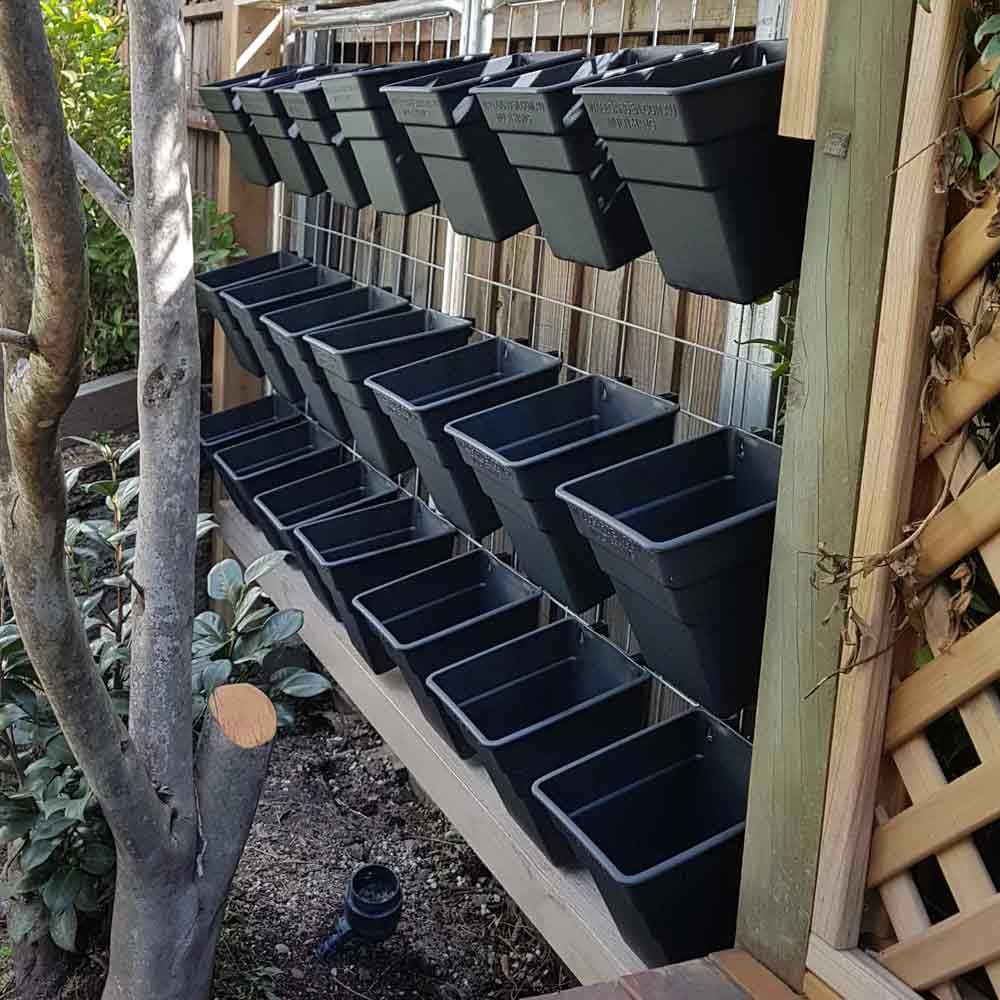 Wallgarden Multi-Hang vertical garden planter boxes hanging from wire mesh